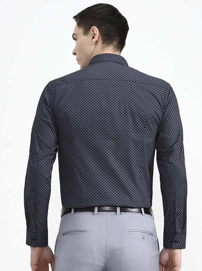 Navy Blue Printed Slim Fit Party Wear Shirt | Greenfibre
