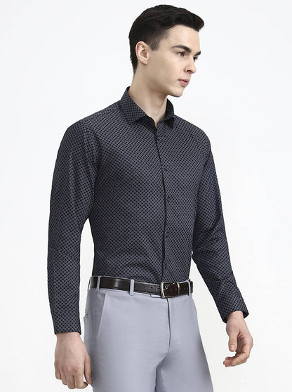 Navy Blue Printed Slim Fit Party Wear Shirt | Greenfibre