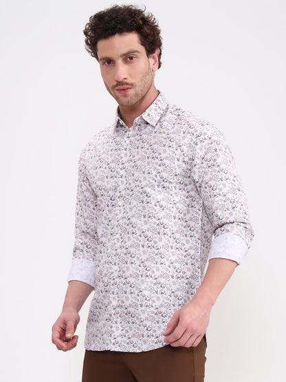 Brown & White Printed Slim Fit Casual Shirt | Greenfibre