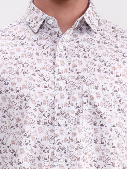 Brown & White Printed Slim Fit Casual Shirt | Greenfibre