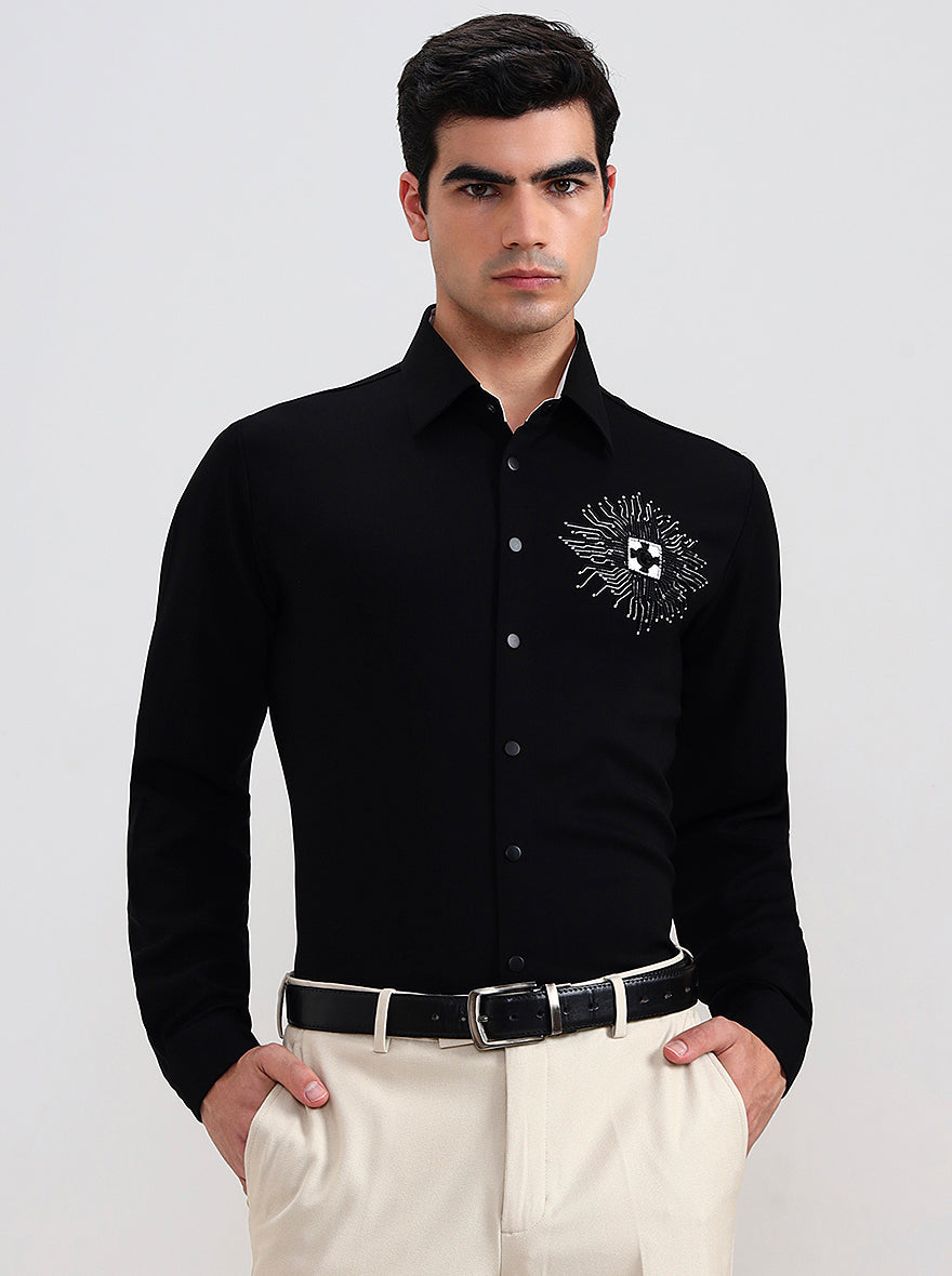 Navy Blue Printed Slim Fit Party Wear Shirt | Wyre