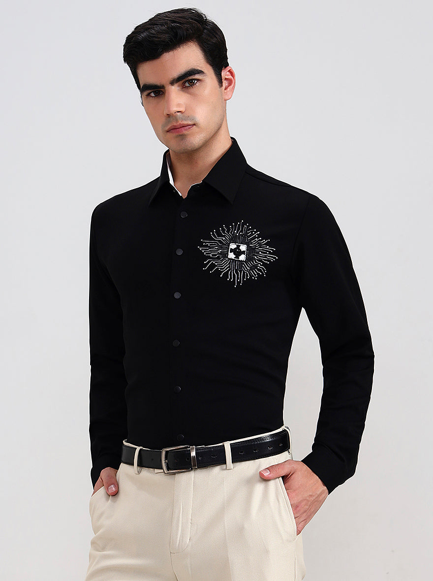 Navy Blue Printed Slim Fit Party Wear Shirt | Wyre