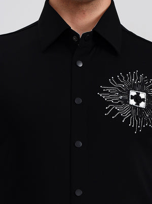 Navy Blue Printed Slim Fit Party Wear Shirt | Wyre