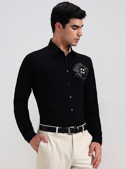 Navy Blue Printed Slim Fit Party Wear Shirt | Wyre