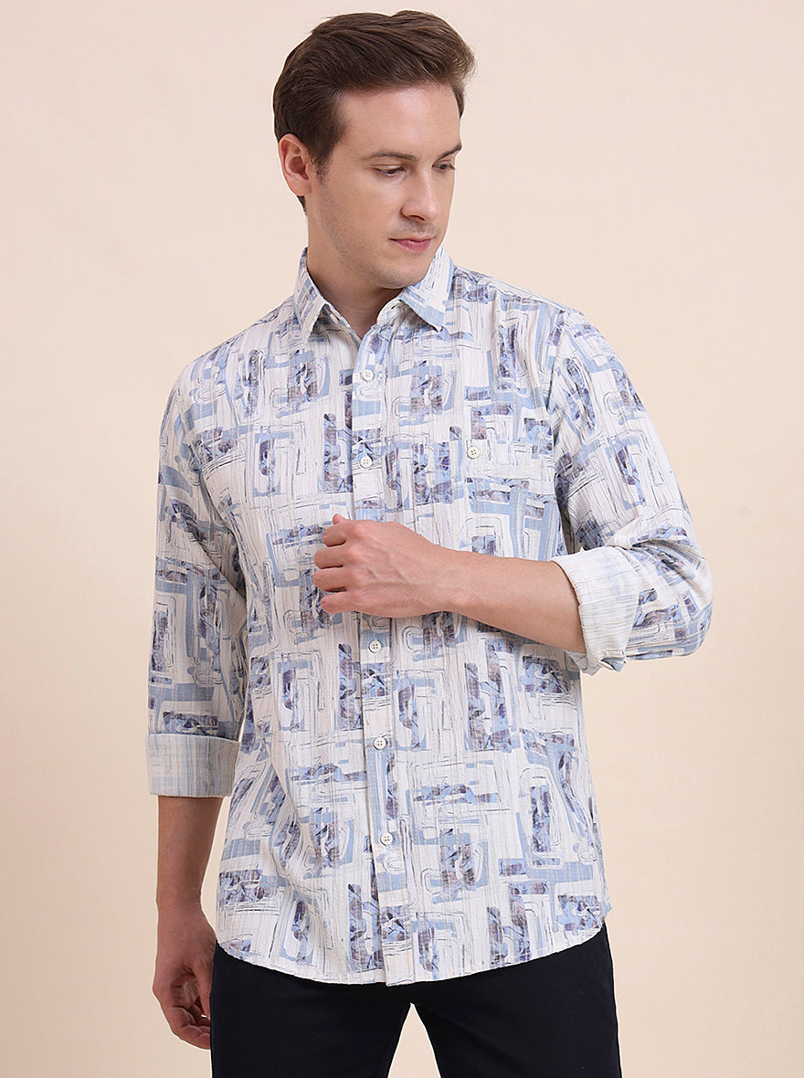 Blue Printed Slim Fit Casual Shirt | JadeBlue