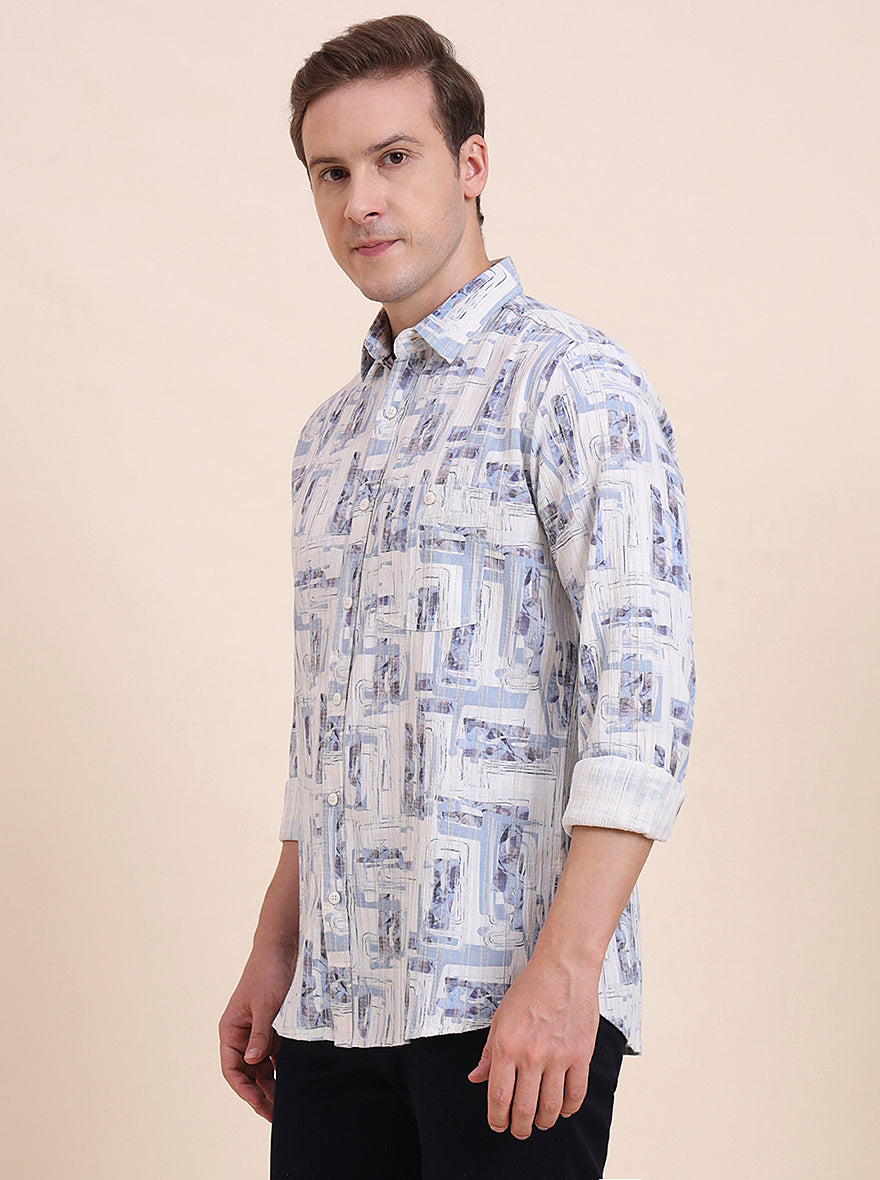 Blue Printed Slim Fit Casual Shirt | JadeBlue
