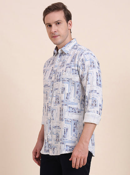 Blue Printed Slim Fit Casual Shirt | JadeBlue