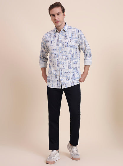 Blue Printed Slim Fit Casual Shirt | JadeBlue
