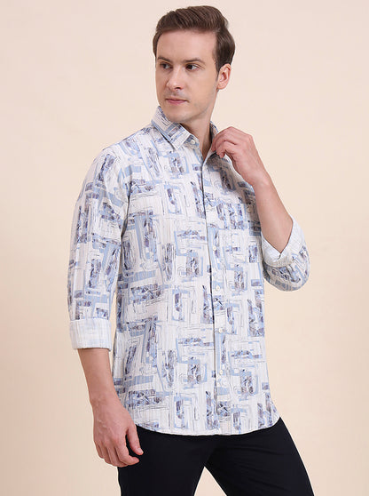 Blue Printed Slim Fit Casual Shirt | JadeBlue