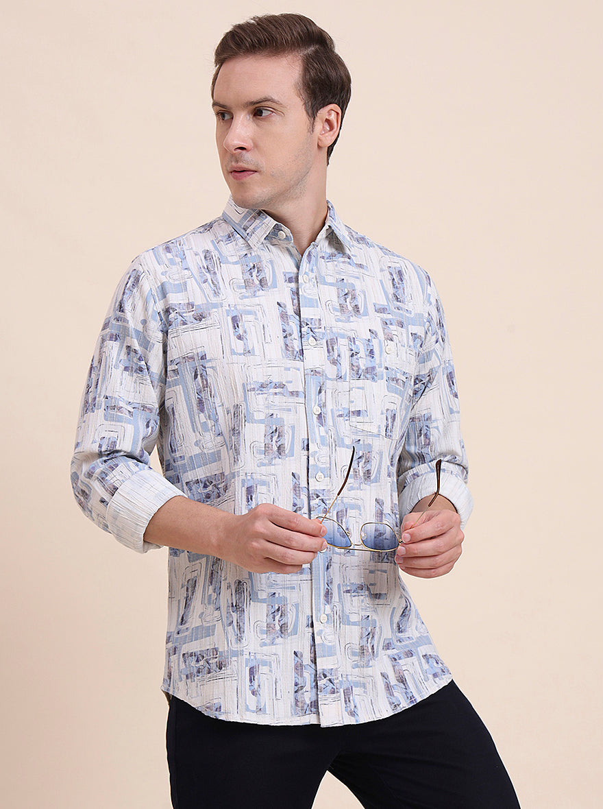 Blue Printed Slim Fit Casual Shirt | JadeBlue