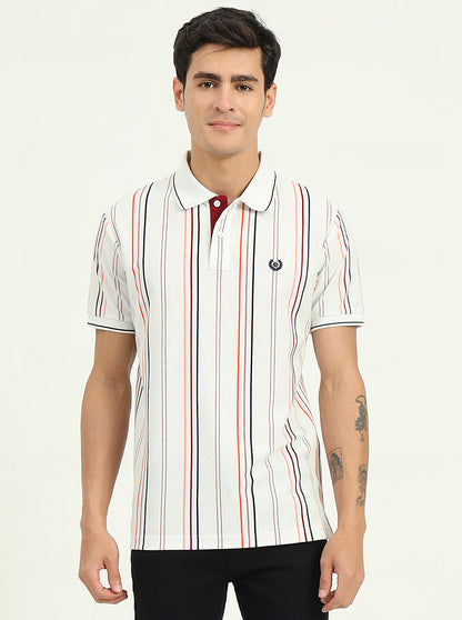 White & Orange Striped Slim Fit Polo T-Shirt | Greenfibre