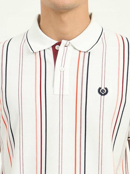 White & Orange Striped Slim Fit Polo T-Shirt | Greenfibre