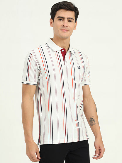 White & Orange Striped Slim Fit Polo T-Shirt | Greenfibre