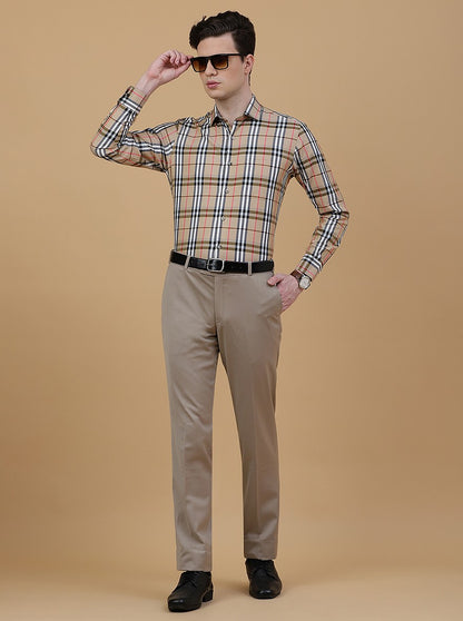 Beige Checked Slim Fit Formal Shirt | Metal