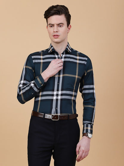Green Checked Slim Fit Formal Shirt | Metal