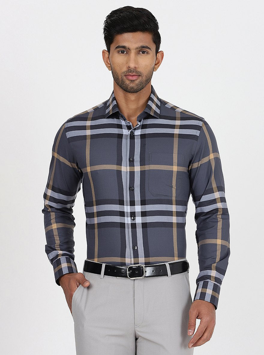 Dark Grey Checked Slim Fit Formal Shirt | Metal