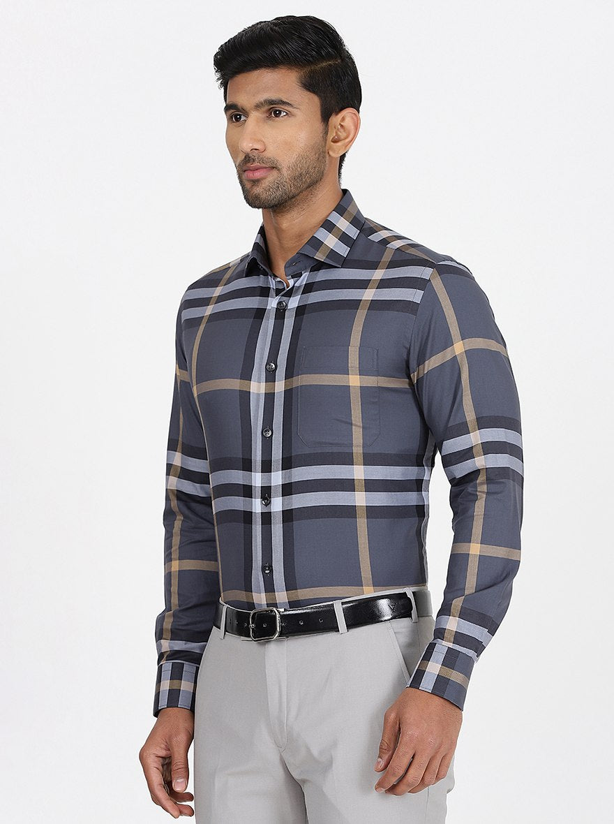 Dark Grey Checked Slim Fit Formal Shirt | Metal
