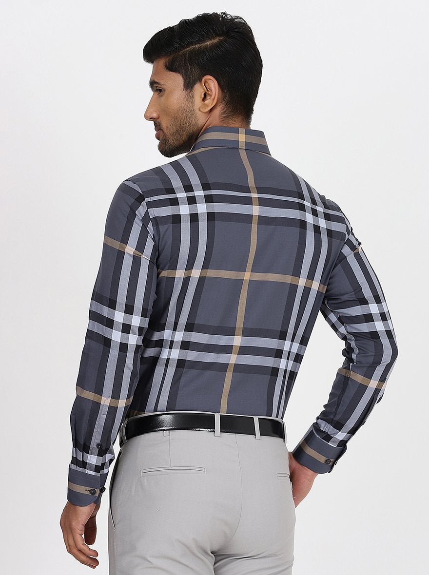 Dark Grey Checked Slim Fit Formal Shirt | Metal