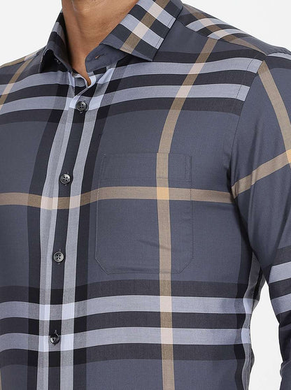 Dark Grey Checked Slim Fit Formal Shirt | Metal