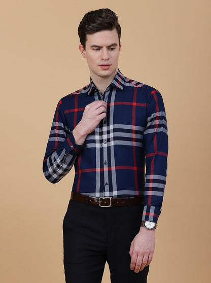 Navy Blue Checked Slim Fit Formal Shirt | Metal