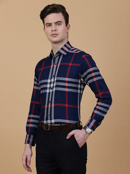 Navy Blue Checked Slim Fit Formal Shirt | Metal