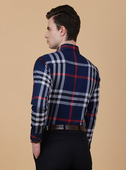 Navy Blue Checked Slim Fit Formal Shirt | Metal