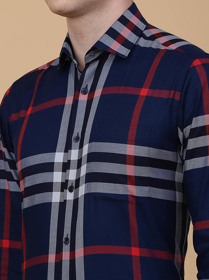 Navy Blue Checked Slim Fit Formal Shirt | Metal