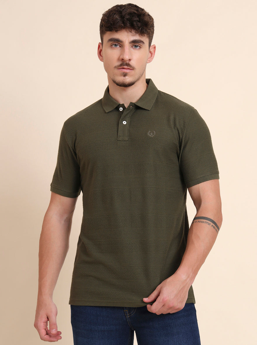 Olive Printed Slim Fit Polo T-Shirt | Greenfibre