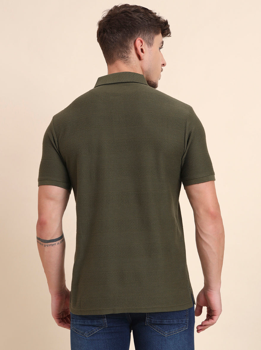 Olive Printed Slim Fit Polo T-Shirt | Greenfibre