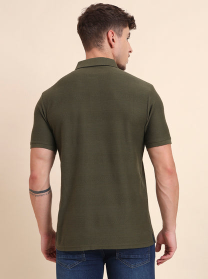 Olive Printed Slim Fit Polo T-Shirt | Greenfibre
