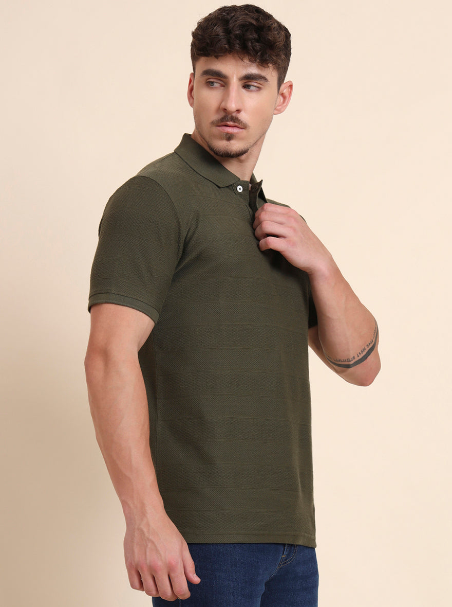 Olive Printed Slim Fit Polo T-Shirt | Greenfibre