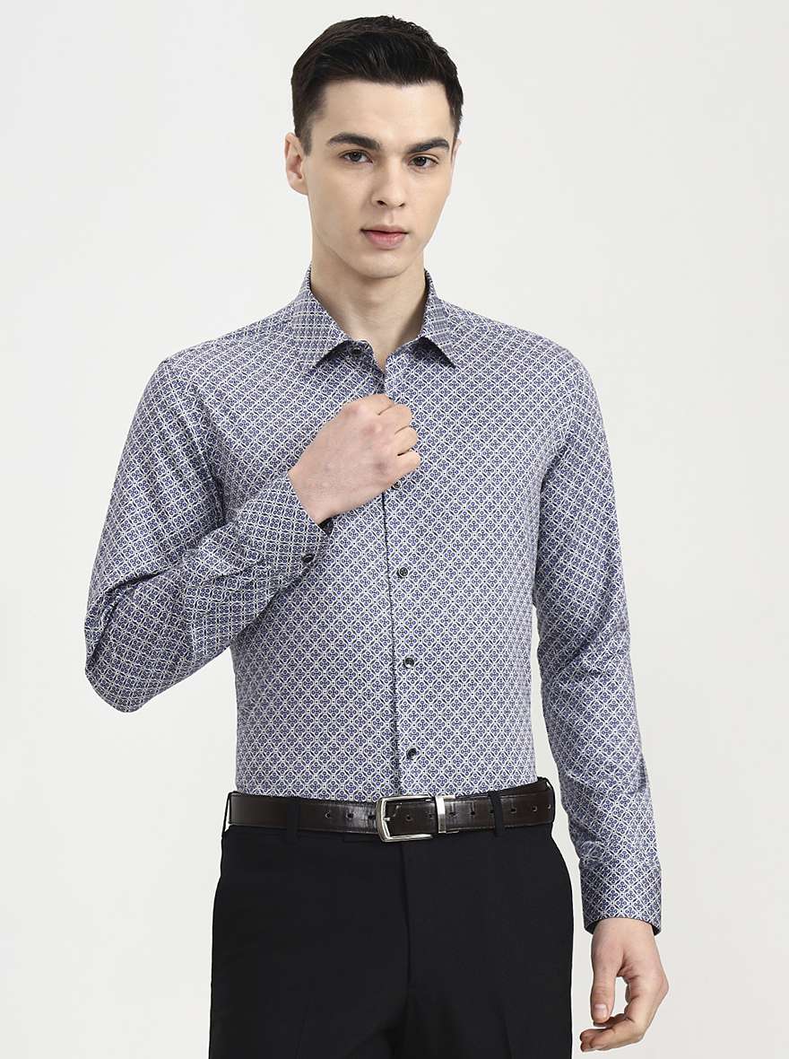 Blue Printed Slim Fit Party Wear Shirt | Wyre