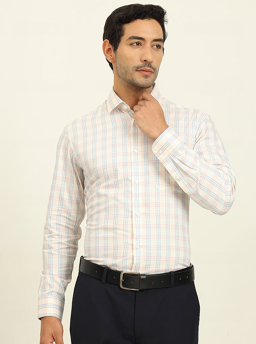 Cream & Blue Checked Slim Fit Formal Shirt | Metal