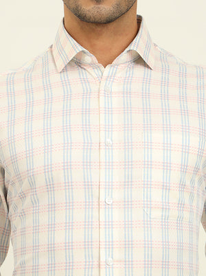 Cream & Blue Checked Slim Fit Formal Shirt | Metal