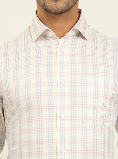 Cream & Blue Checked Slim Fit Formal Shirt | Metal