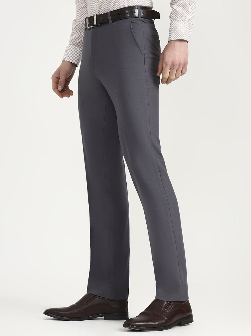 Dark Grey Solid Slim Fit Formal Trouser | Metal