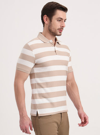 White & Beige Striped Slim Fit Polo T-Shirt | Greenfibre
