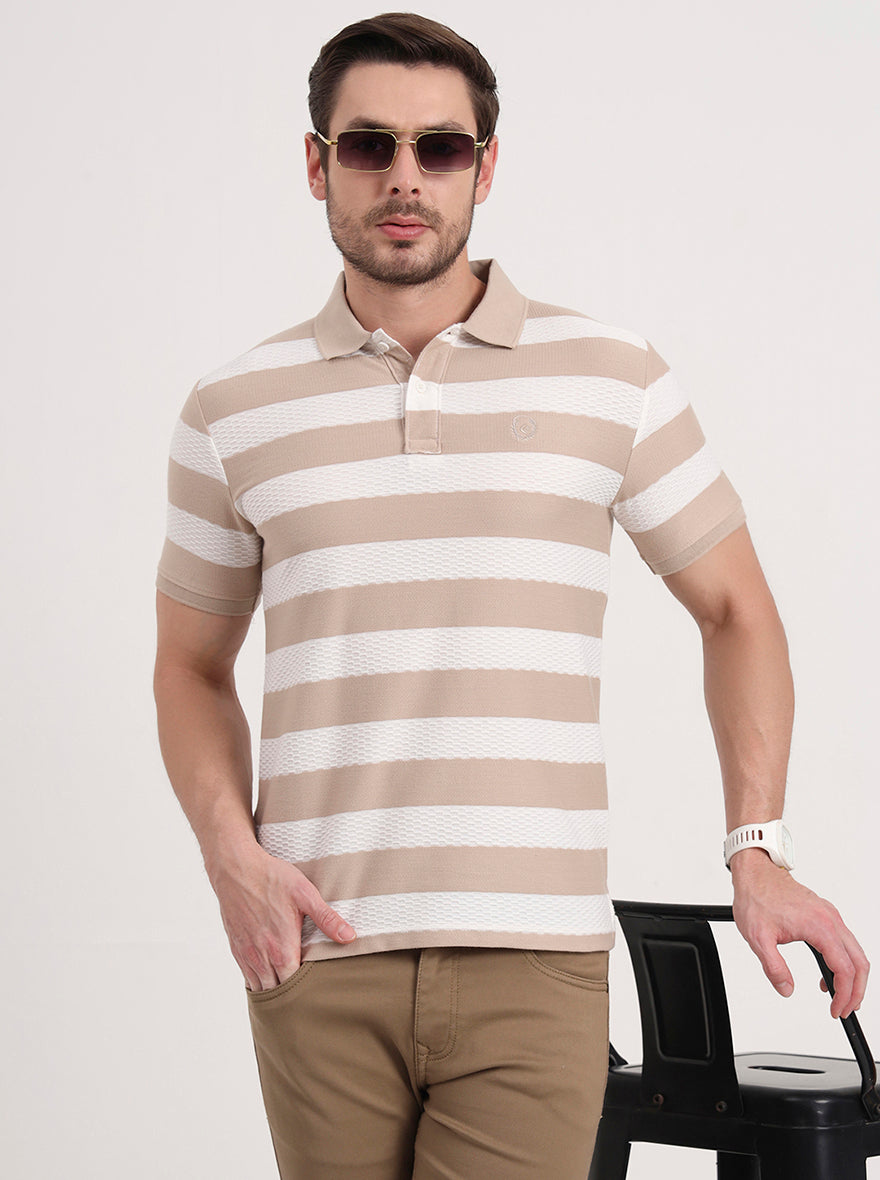 White & Beige Striped Slim Fit Polo T-Shirt | Greenfibre