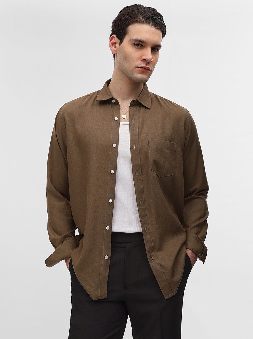 Dark Olive Solid Slim Fit Casual Shirt | JadeBlue