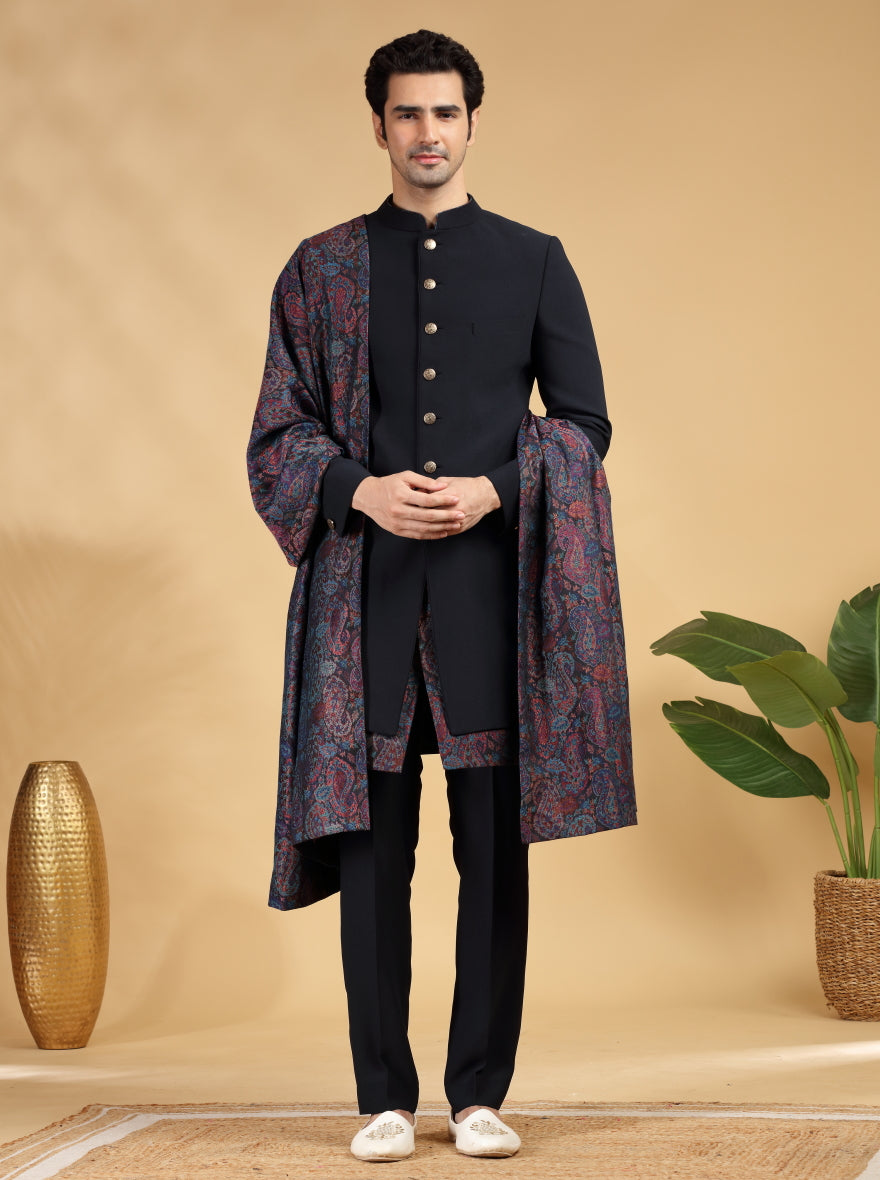 Blue Self Texture Indowestern | TULA