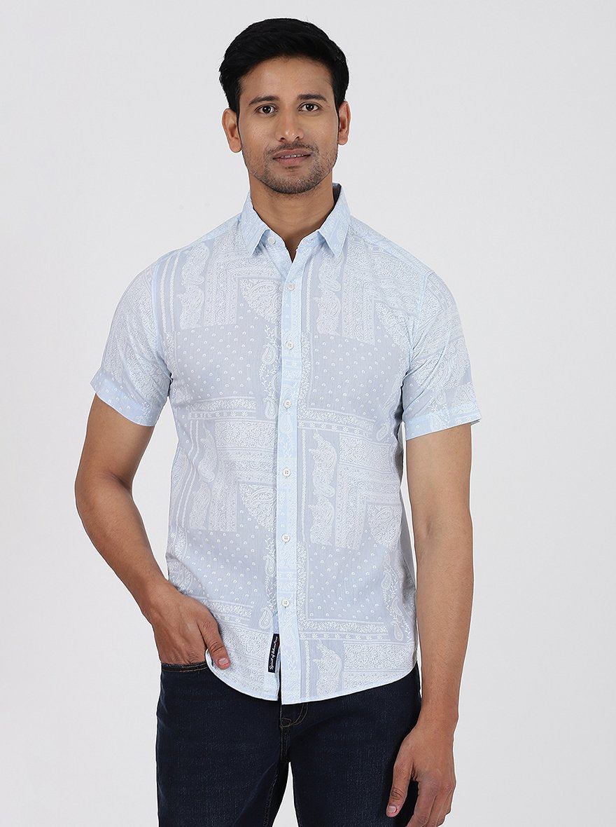 Light Blue Printed Slim Fit Casual Shirt | JadeBlue