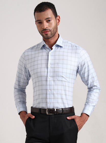 Sky Blue & White Checked Slim Fit Formal Shirt | JadeBlue Super Luxe