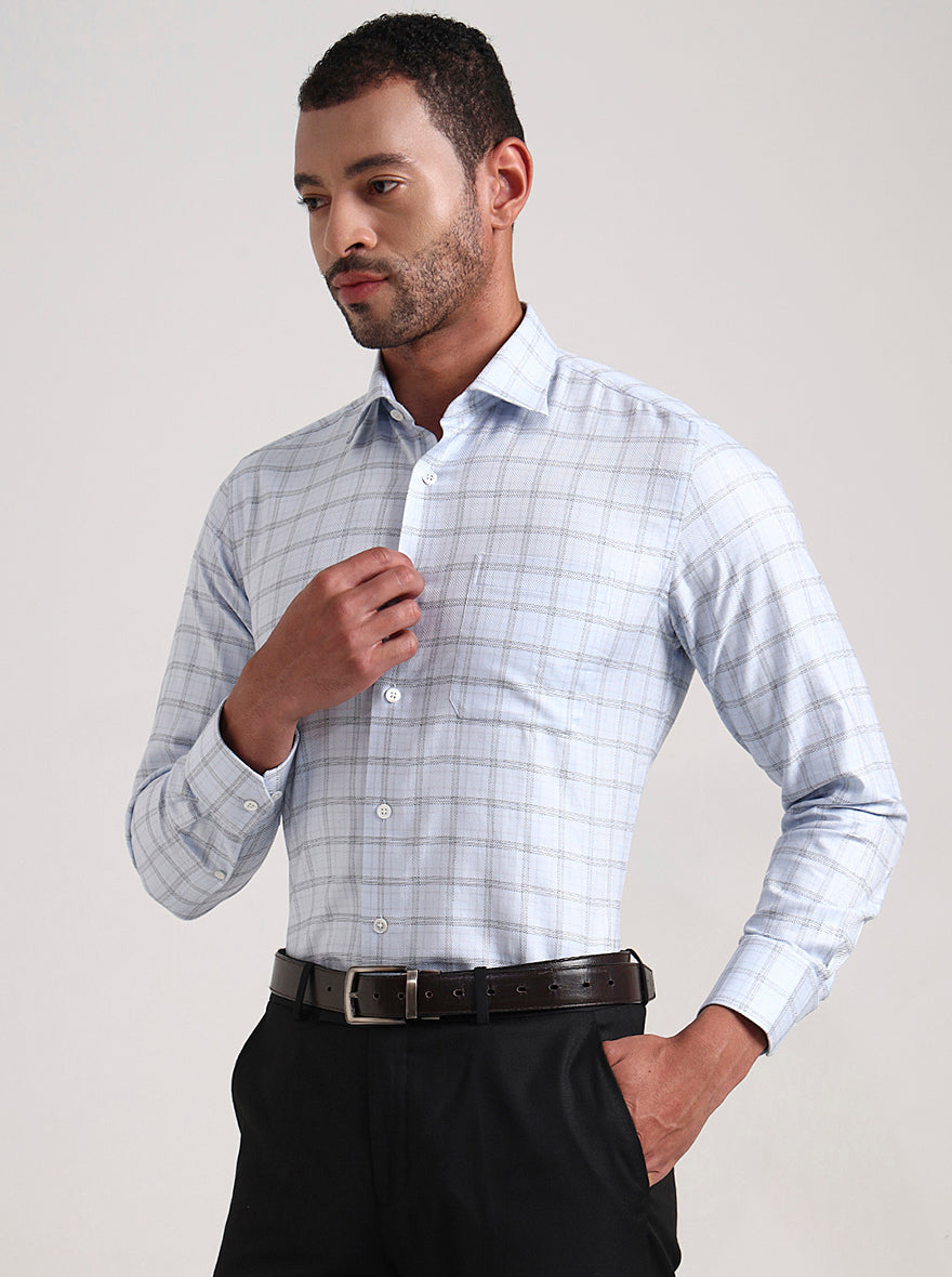 Sky Blue & White Checked Slim Fit Formal Shirt | JadeBlue Super Luxe