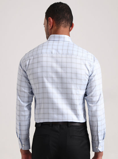 Sky Blue & White Checked Slim Fit Formal Shirt | JadeBlue Super Luxe
