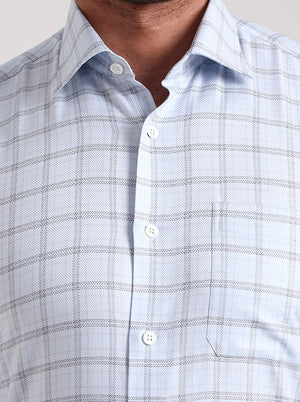 Sky Blue & White Checked Slim Fit Formal Shirt | JadeBlue Super Luxe