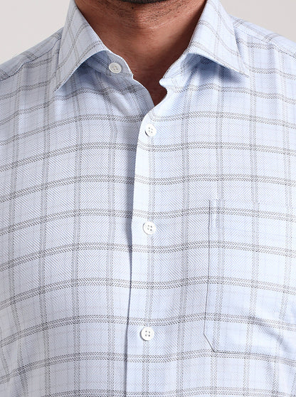 Sky Blue & White Checked Slim Fit Formal Shirt | JadeBlue Super Luxe