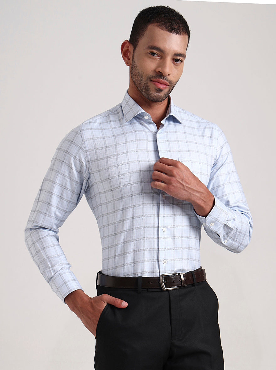 Sky Blue & White Checked Slim Fit Formal Shirt | JadeBlue Super Luxe