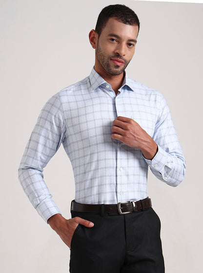 Sky Blue & White Checked Slim Fit Formal Shirt | JadeBlue Super Luxe