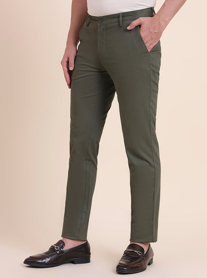 Light Olive Solid Uno Fit Casual Trouser | JadeBlue