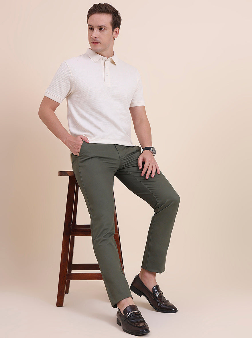 Light Olive Solid Uno Fit Casual Trouser | JadeBlue